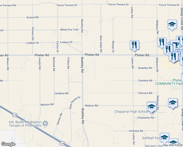 map of restaurants, bars, coffee shops, grocery stores, and more near 9570 Mescalero Road in Phelan