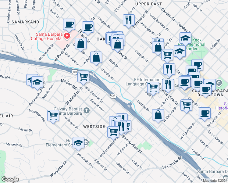 map of restaurants, bars, coffee shops, grocery stores, and more near 427 West Islay Street in Santa Barbara