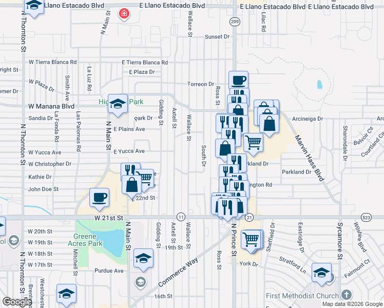 map of restaurants, bars, coffee shops, grocery stores, and more near 2501 Wallace Street in Clovis