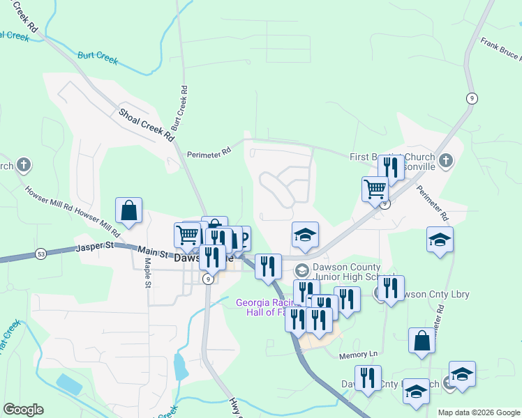 map of restaurants, bars, coffee shops, grocery stores, and more near 204 Marmalade Trail in Dawsonville
