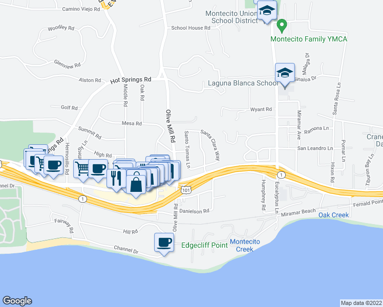map of restaurants, bars, coffee shops, grocery stores, and more near 144 Santo Tomas Lane in Montecito