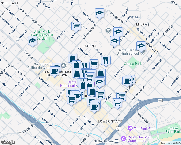 map of restaurants, bars, coffee shops, grocery stores, and more near in Santa Barbara