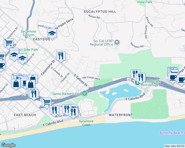 map of restaurants, bars, coffee shops, grocery stores, and more near 441 Old Coast Highway in Santa Barbara