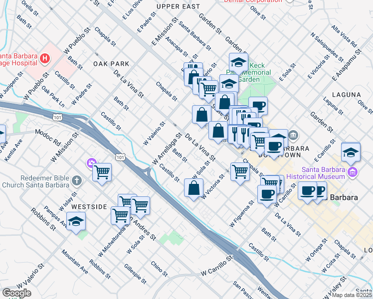 map of restaurants, bars, coffee shops, grocery stores, and more near in Santa Barbara