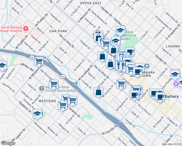 map of restaurants, bars, coffee shops, grocery stores, and more near in Santa Barbara