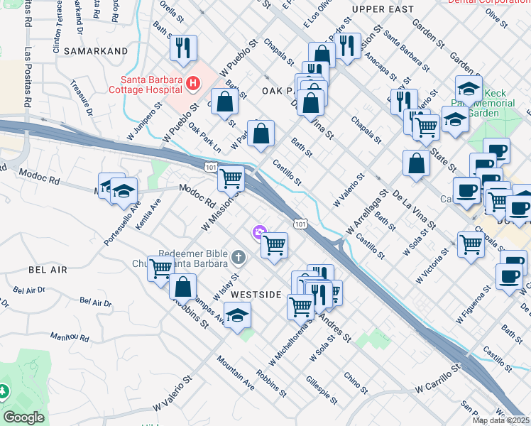 map of restaurants, bars, coffee shops, grocery stores, and more near 1822 San Pascual Street in Santa Barbara