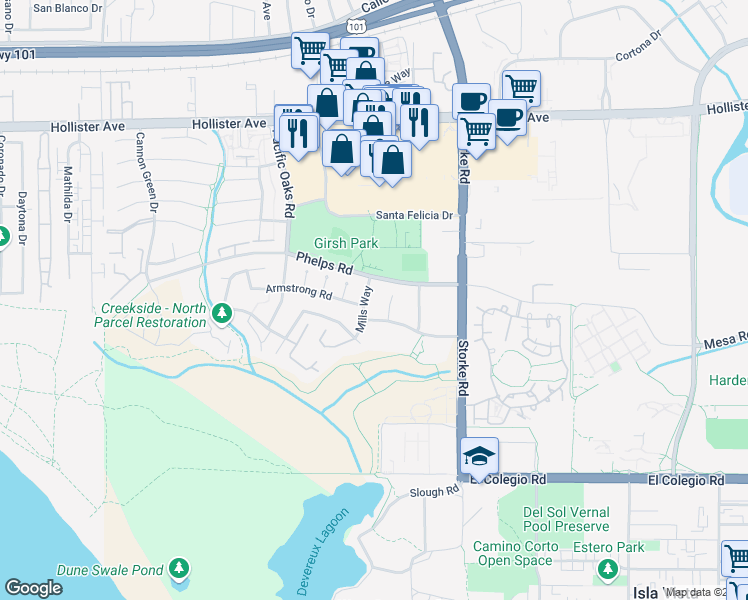 map of restaurants, bars, coffee shops, grocery stores, and more near 464 Mills Way in Goleta