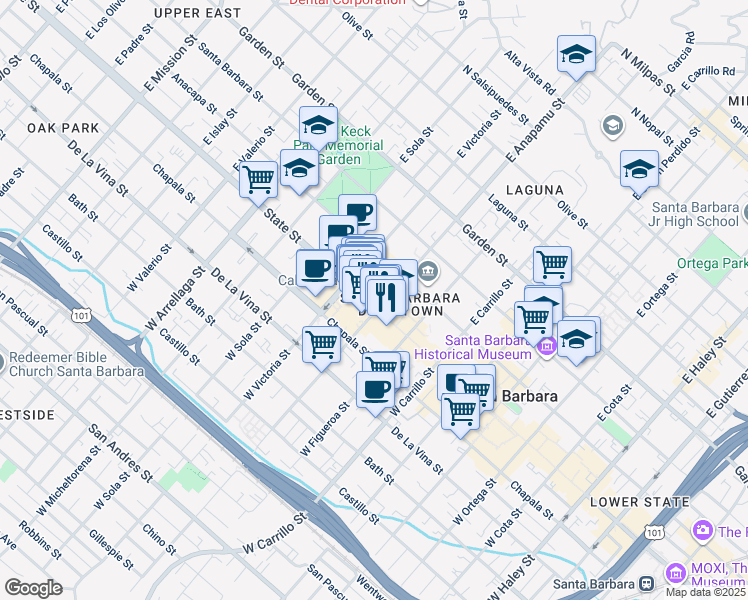map of restaurants, bars, coffee shops, grocery stores, and more near 1208 State Street in Santa Barbara
