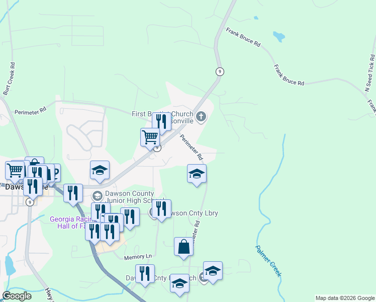 map of restaurants, bars, coffee shops, grocery stores, and more near 960 Perimeter Road in Dawsonville