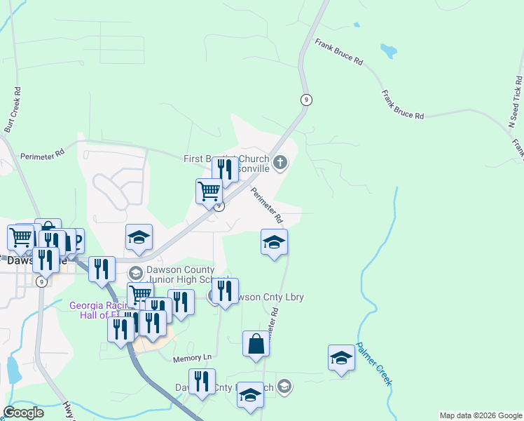 map of restaurants, bars, coffee shops, grocery stores, and more near 960 Perimeter Road in Dawsonville