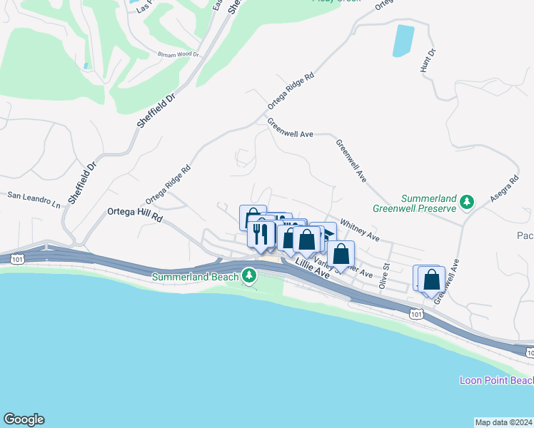 map of restaurants, bars, coffee shops, grocery stores, and more near 160 Evans Avenue in Santa Barbara