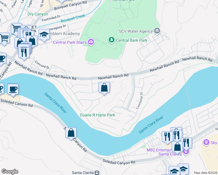 map of restaurants, bars, coffee shops, grocery stores, and more near 22517 Skipping Stone Drive in Santa Clarita