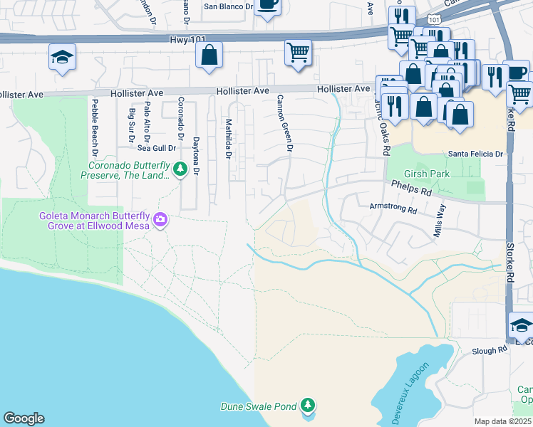 map of restaurants, bars, coffee shops, grocery stores, and more near 475 Cannon Green Drive in Goleta