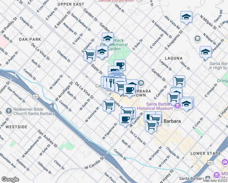 map of restaurants, bars, coffee shops, grocery stores, and more near 17 West Victoria Street in Santa Barbara