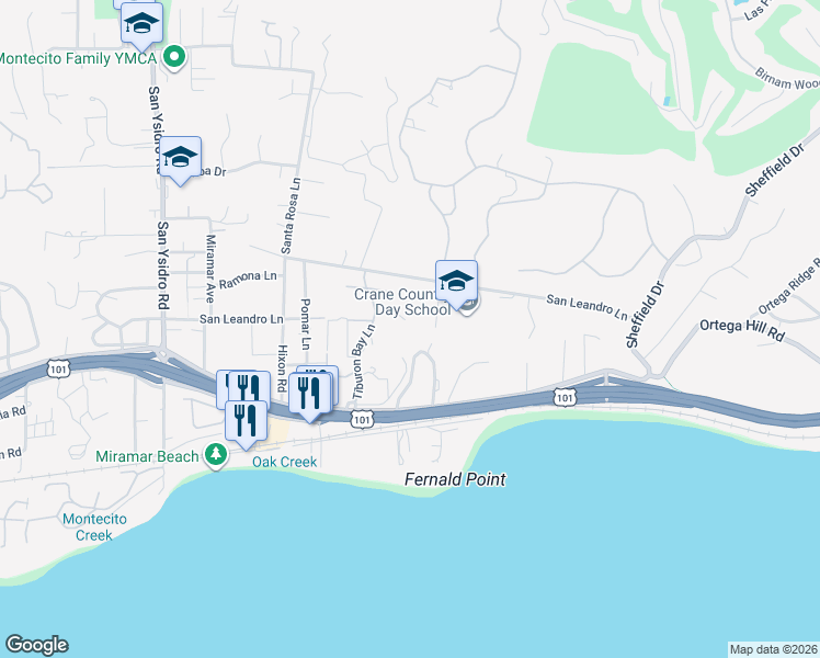 map of restaurants, bars, coffee shops, grocery stores, and more near 184 Tiburon Bay Lane in Montecito
