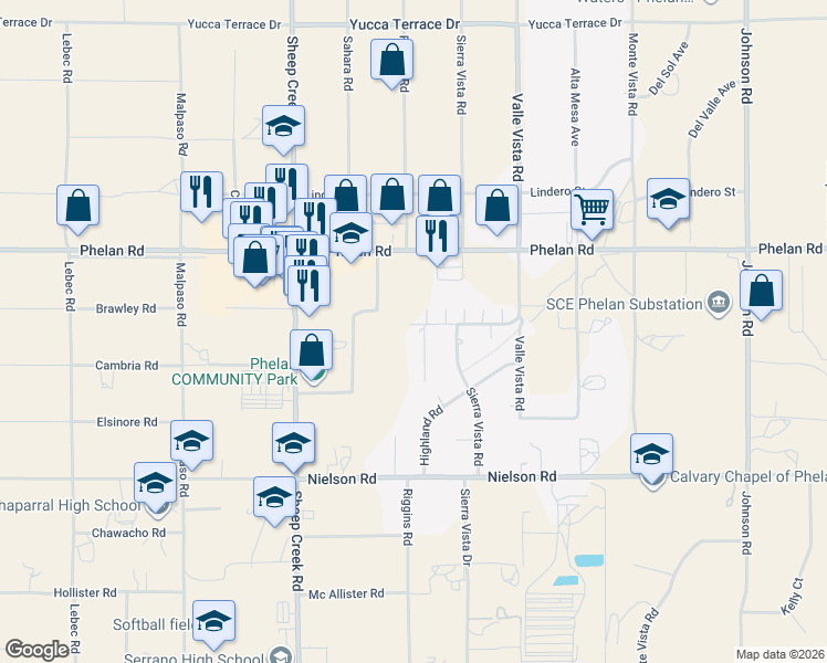 map of restaurants, bars, coffee shops, grocery stores, and more near 9574 Riggins Road in Phelan