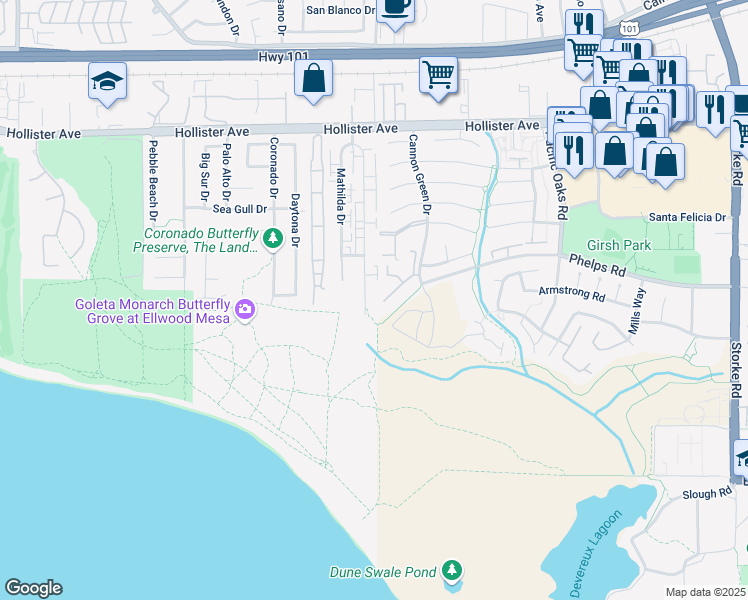 map of restaurants, bars, coffee shops, grocery stores, and more near 475 Cannon Green Drive in Goleta
