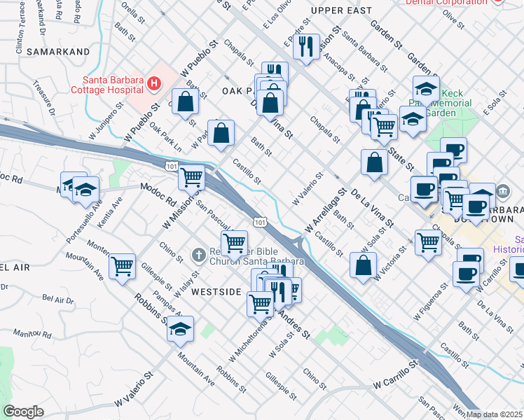 map of restaurants, bars, coffee shops, grocery stores, and more near 427 West Islay Street in Santa Barbara