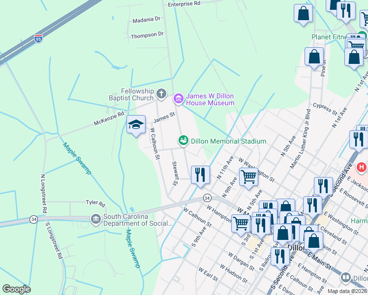 map of restaurants, bars, coffee shops, grocery stores, and more near 230 Stewart Street in Dillon