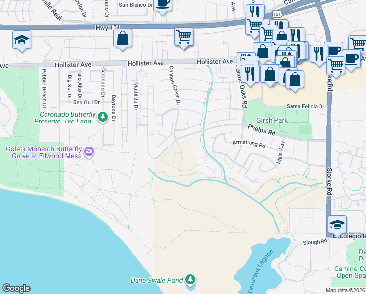 map of restaurants, bars, coffee shops, grocery stores, and more near 304 Ocean Walk Lane in Goleta