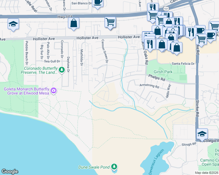 map of restaurants, bars, coffee shops, grocery stores, and more near 304 Ocean Walk Lane in Goleta