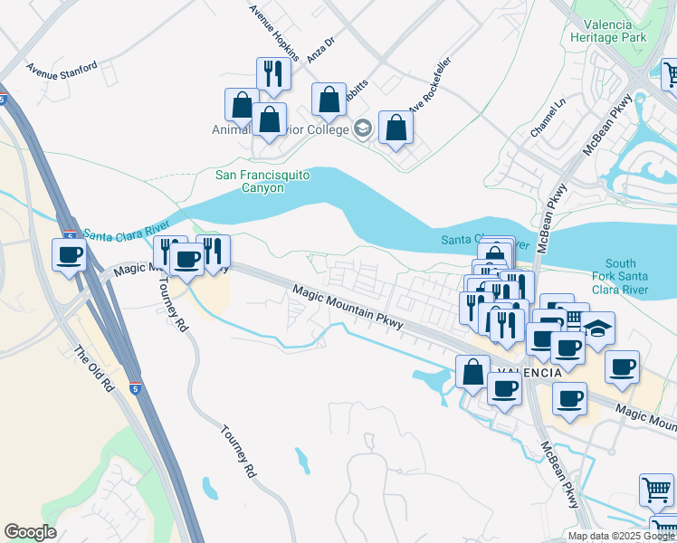 map of restaurants, bars, coffee shops, grocery stores, and more near 25007 Magic Mountain Parkway in Santa Clarita