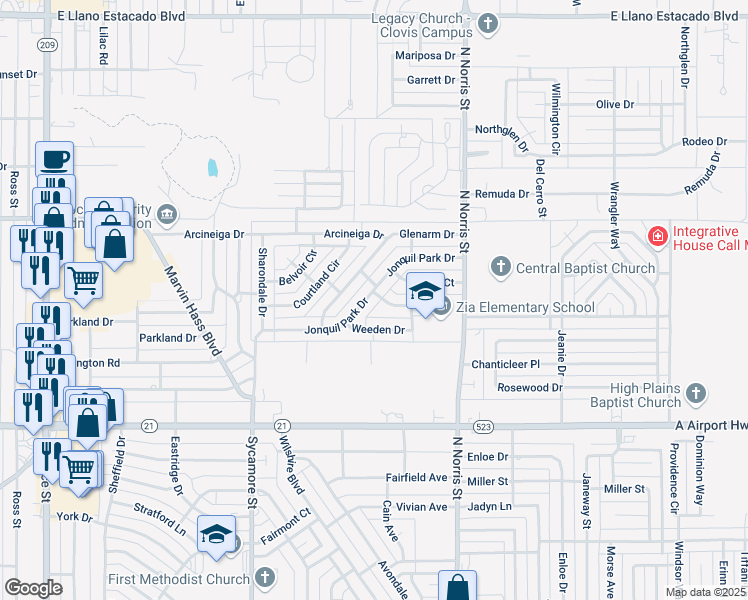 map of restaurants, bars, coffee shops, grocery stores, and more near 1821 Jonquil Park Drive in Clovis