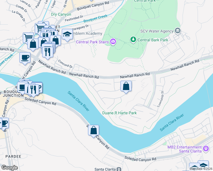 map of restaurants, bars, coffee shops, grocery stores, and more near 22620 Dragonfly Court in Santa Clarita