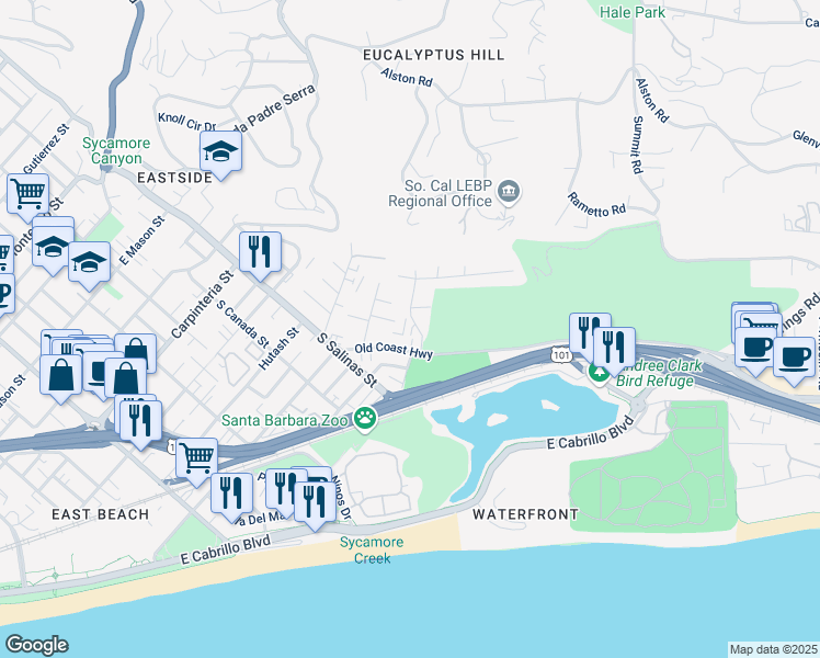 map of restaurants, bars, coffee shops, grocery stores, and more near 441 Old Coast Highway in Santa Barbara