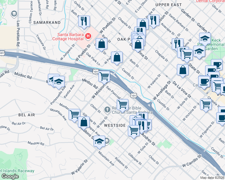 map of restaurants, bars, coffee shops, grocery stores, and more near 536 West Pedregosa Street in Santa Barbara