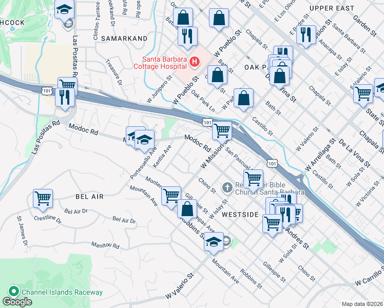 map of restaurants, bars, coffee shops, grocery stores, and more near 25 Lorinda Place in Santa Barbara