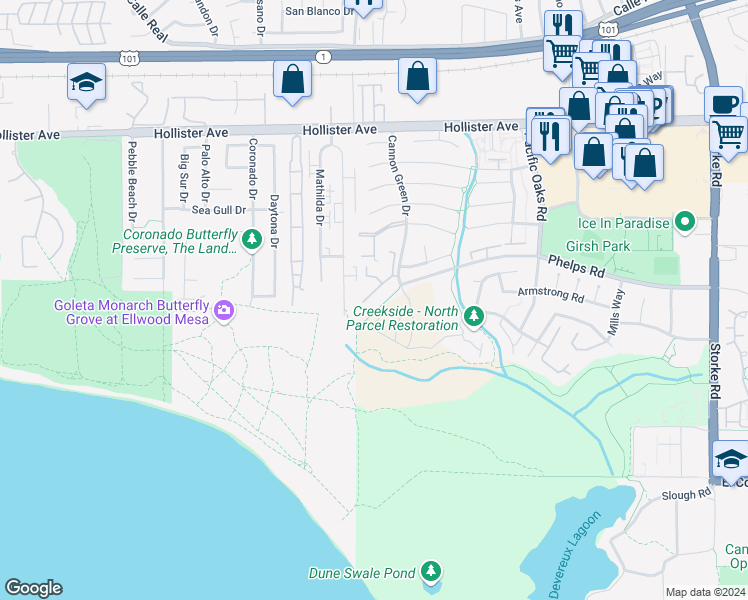 map of restaurants, bars, coffee shops, grocery stores, and more near 475 Cannon Green Drive in Goleta