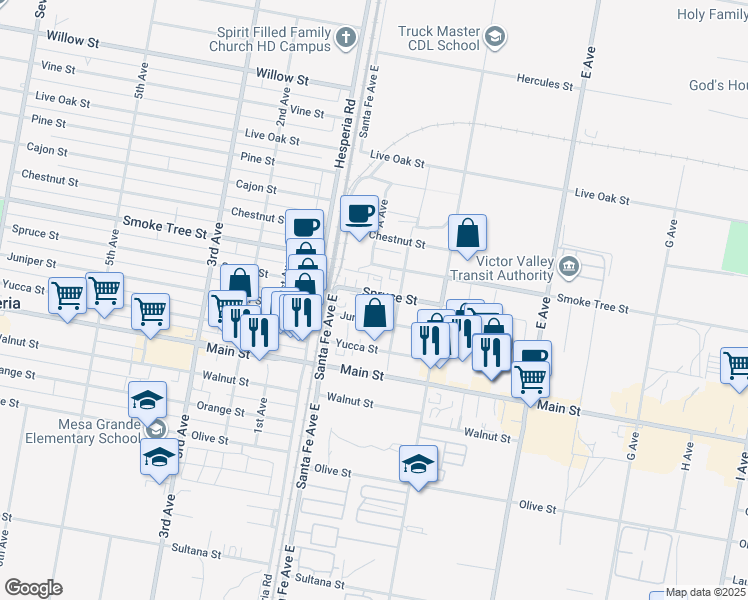 map of restaurants, bars, coffee shops, grocery stores, and more near 16675 Spruce Street in Hesperia
