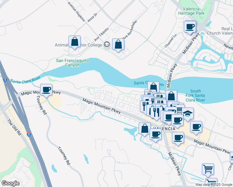 map of restaurants, bars, coffee shops, grocery stores, and more near 24905 Magic Mountain Parkway in Santa Clarita