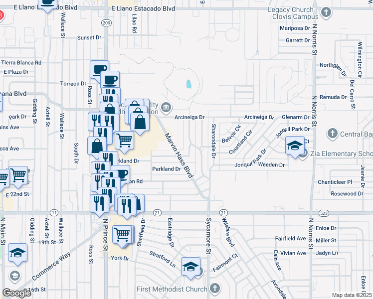 map of restaurants, bars, coffee shops, grocery stores, and more near 1208 Concord Road in Clovis