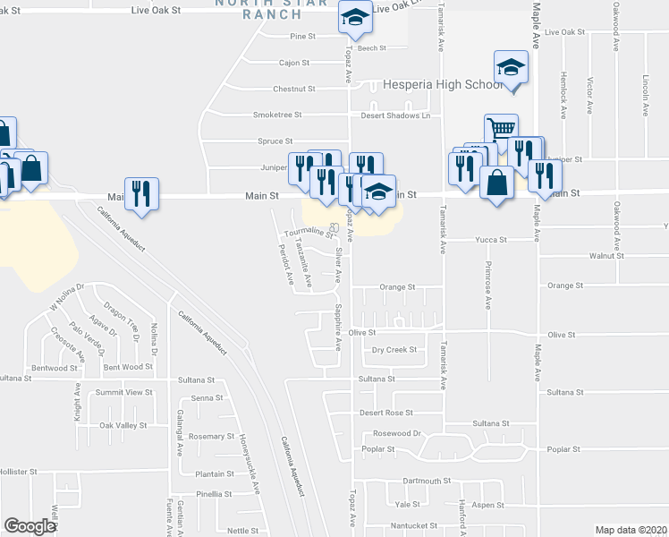 map of restaurants, bars, coffee shops, grocery stores, and more near 14078 Gold Street in Hesperia