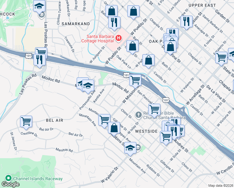 map of restaurants, bars, coffee shops, grocery stores, and more near 25 Lorinda Place in Santa Barbara
