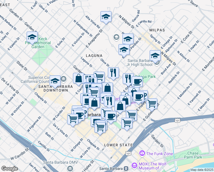 map of restaurants, bars, coffee shops, grocery stores, and more near 821 Laguna Street in Santa Barbara