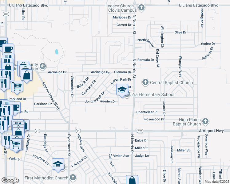 map of restaurants, bars, coffee shops, grocery stores, and more near 2400 North Norris Street in Clovis