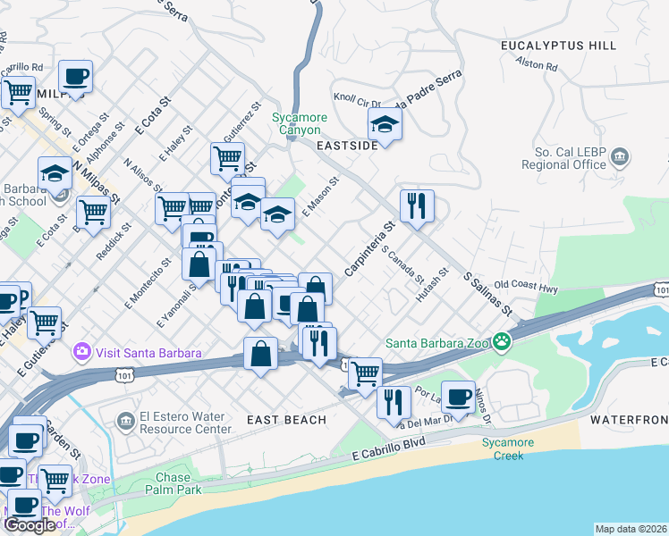 map of restaurants, bars, coffee shops, grocery stores, and more near 21 La Cadena Street in Santa Barbara