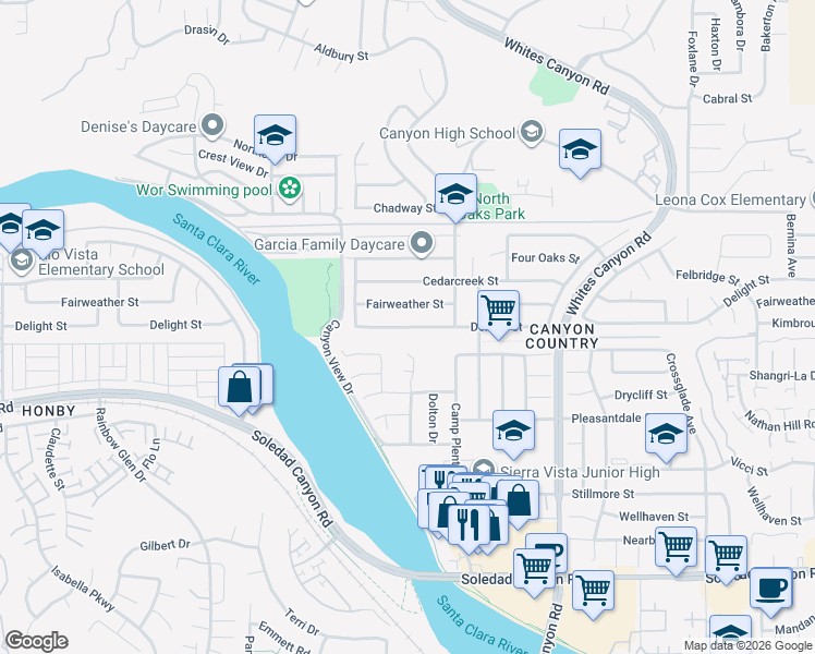 map of restaurants, bars, coffee shops, grocery stores, and more near 19555 Delight Street in Santa Clarita
