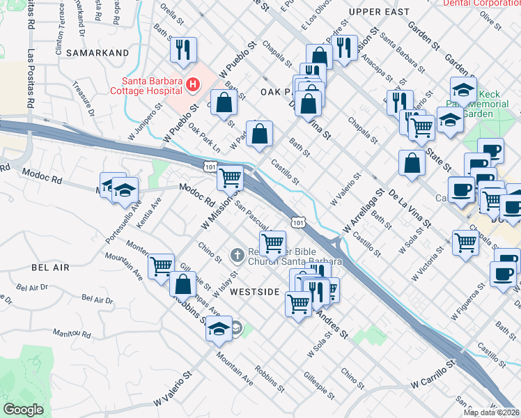 map of restaurants, bars, coffee shops, grocery stores, and more near 1822 San Pascual Street in Santa Barbara