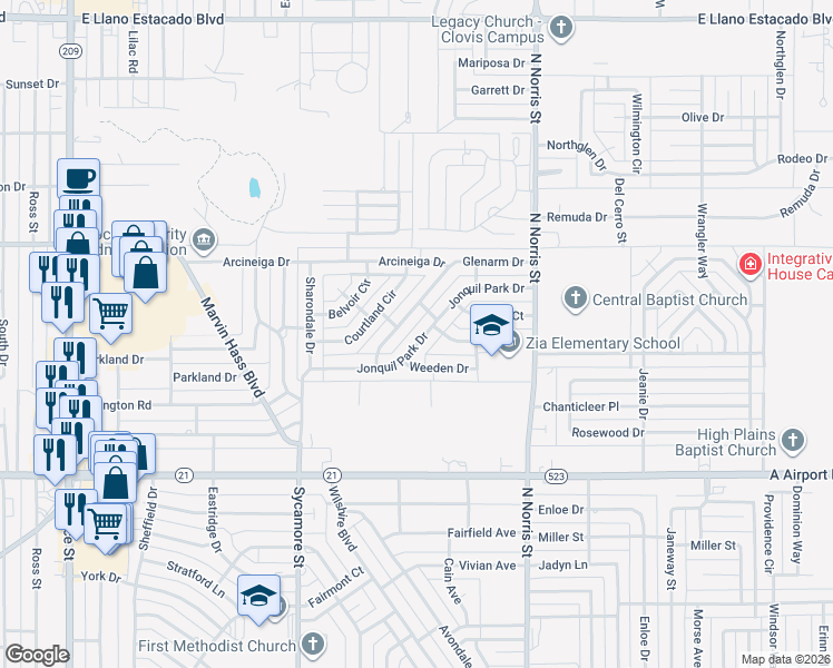 map of restaurants, bars, coffee shops, grocery stores, and more near 1820 Jonquil Park Drive in Clovis