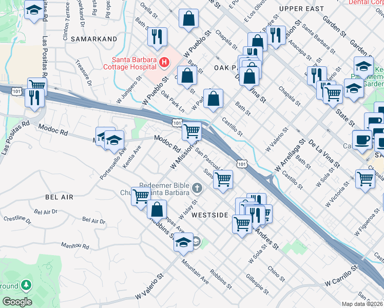 map of restaurants, bars, coffee shops, grocery stores, and more near 611 West Mission Street in Santa Barbara