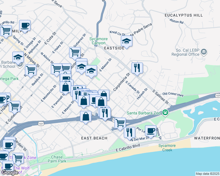 map of restaurants, bars, coffee shops, grocery stores, and more near 21 La Cadena Street in Santa Barbara
