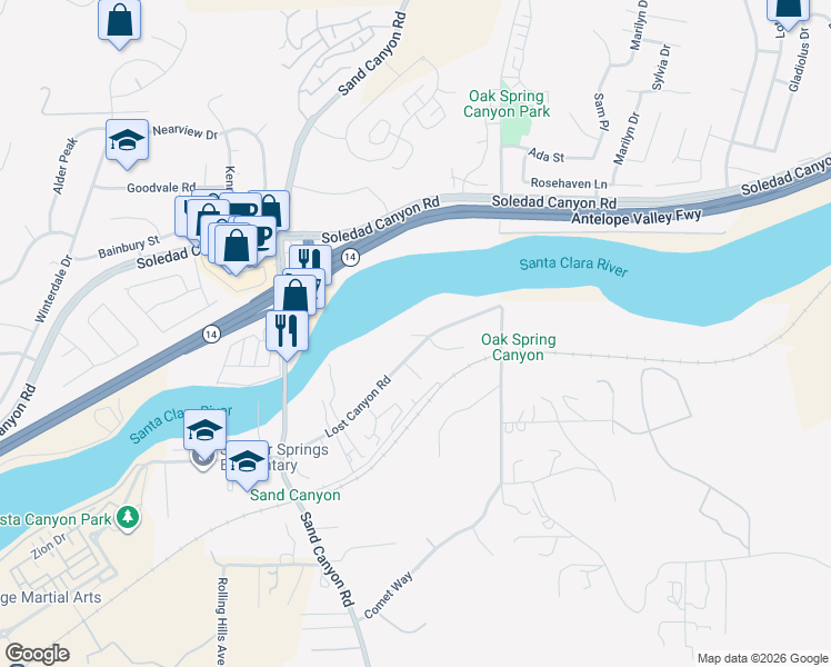 map of restaurants, bars, coffee shops, grocery stores, and more near Lost Canyon Road in Los Angeles County