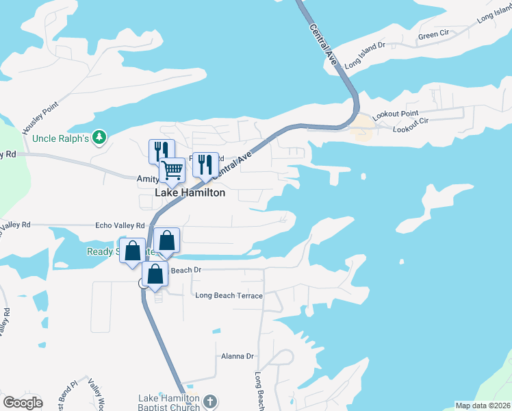 map of restaurants, bars, coffee shops, grocery stores, and more near 112 Viewpoint Circle in Lake Hamilton