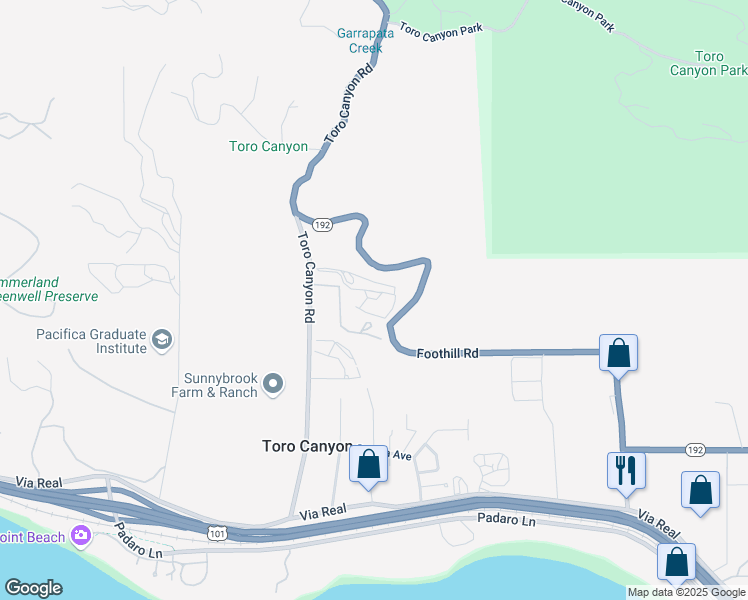 map of restaurants, bars, coffee shops, grocery stores, and more near 338 Toro Canyon Road in Carpinteria