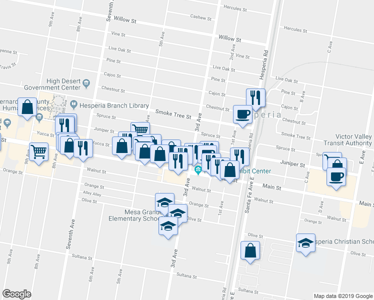 map of restaurants, bars, coffee shops, grocery stores, and more near 16315 Juniper Street in Hesperia