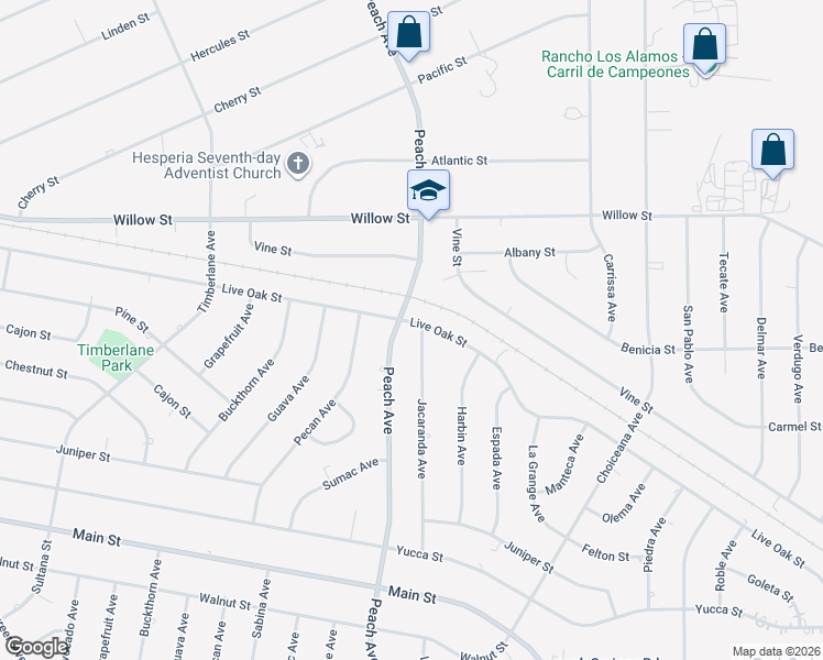 map of restaurants, bars, coffee shops, grocery stores, and more near 14420 Jacaranda Avenue in Hesperia